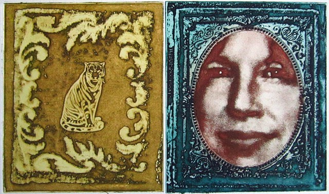 Etching of contemporary portrait photograph styled as an antique tintype in frame by artist Alison Overton