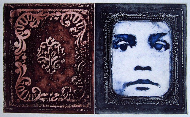 Etching of contemporary portrait photograph styled as an antique tintype in frame by artist Alison Overton