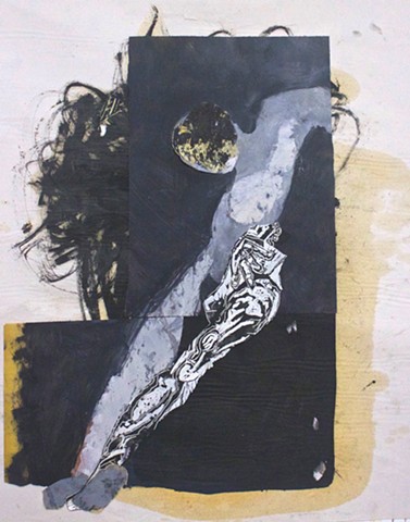 abstract contemplative figurative drawing painting, woodcut, collage