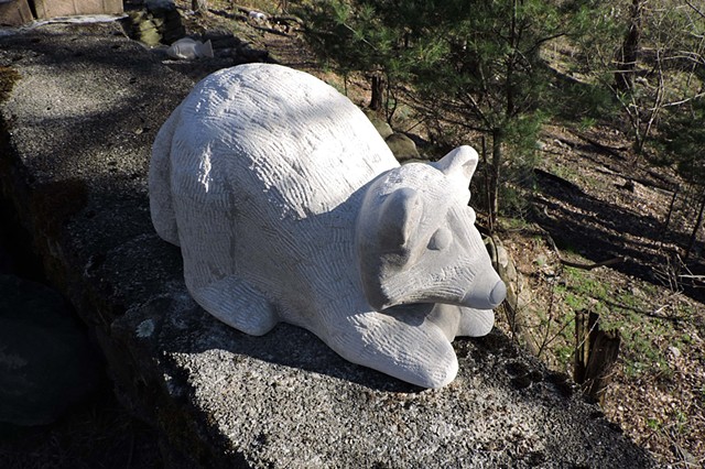 Limestone, stone, stone carving, garden sculpture, critter, raccoon, Judith Kepner Rose