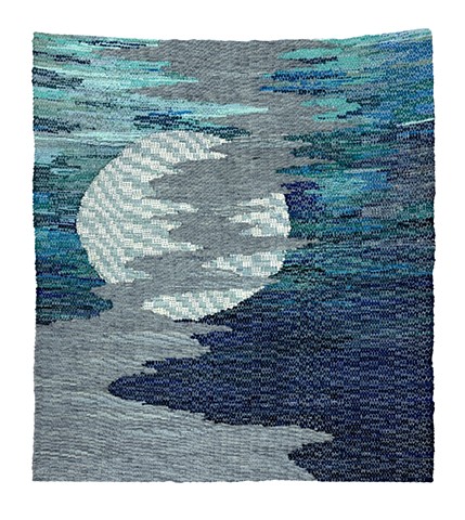 Weaving of water with clouds on the surface, indigo blue, moon in the water
