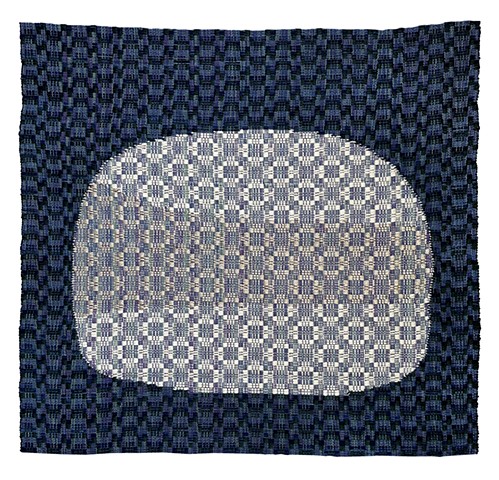 Moon with geometric pattern on squiggly blue and green background