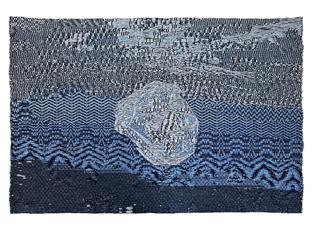 Dissolved plastic bag floating in glitchy patterned ocean