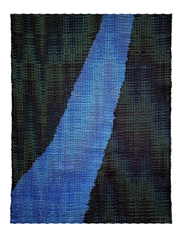 A river sudivides the landscape space.  Echo woven iridescent patterning creates movement while the space depicted is flattened in the picture plane.