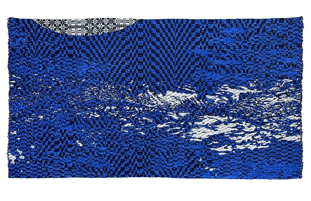 A moon reflects on the surface of the water but the horizon line is not present confusing the boundary between the water and the sky