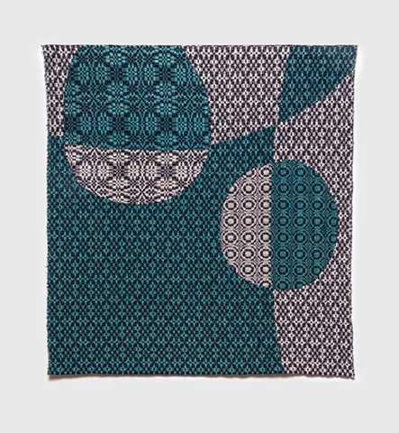 Two bisected white and teal moons with overshot patterning