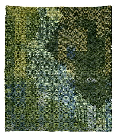 Weaving with overshot depicting colorful wetlands from above