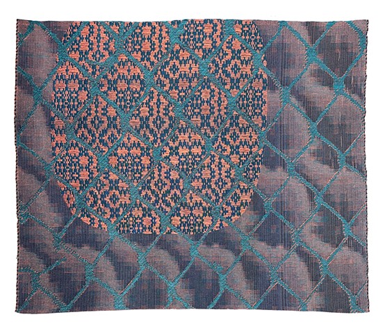 a moon captured behind  chain link fence, the patterns mimicing the interlocking chains