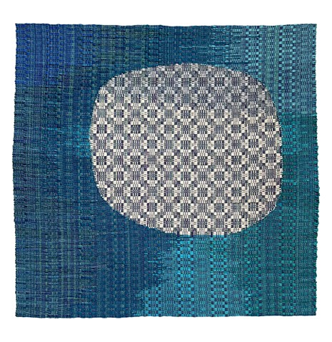 moon on a multicolored blue hatched background, reminiscent of watercolor