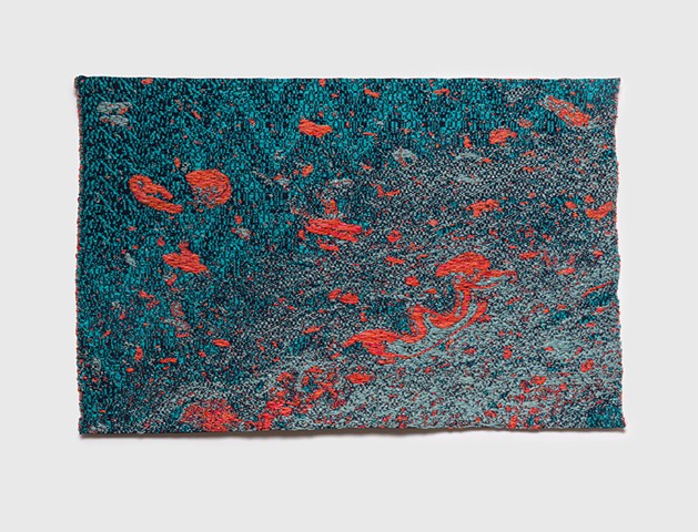 Image of oil spill on water, woven with jewel tone colors and undulating watery patterns