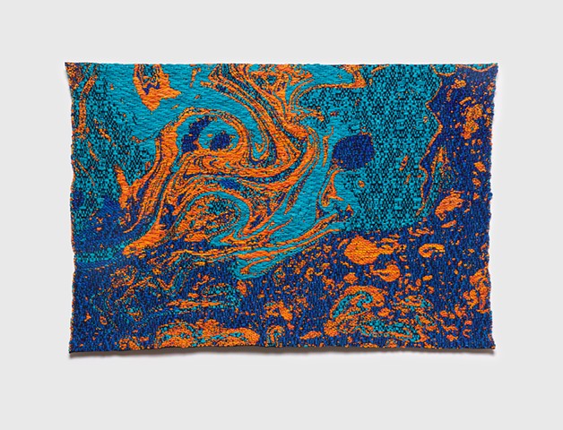 Image of oil spill on water, woven with bright colors and undulating watery patterns