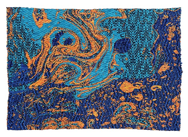 Image of oil spill on water, woven with bright colors and undulating watery patterns