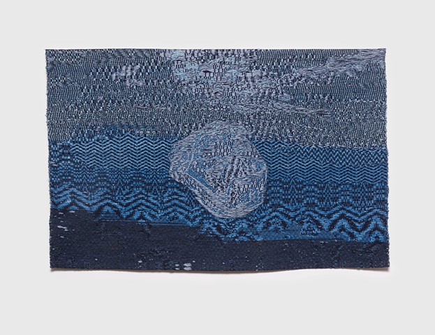 Dissolved plastic bag floating in glitchy patterned ocean