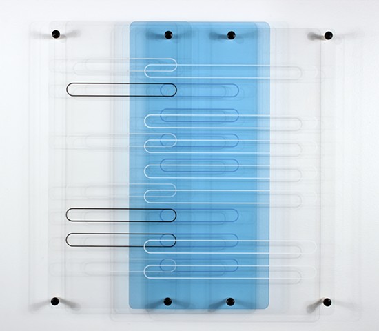Geometric abstraction in laser-cut fluorescent blue and clear acrylic based on sequence from e by Yvette Kaiser Smith