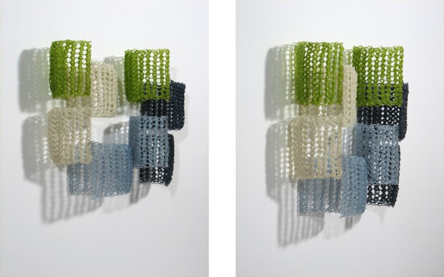 Organic geometric minimal crocheted fiberglass and polyester resin wall sculpture by Yvette Kaiser Smith