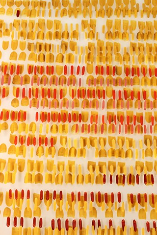 Red and yellow pattern drawing , flashe and gouache on Dura-lar, by Yvette Kaiser Smith