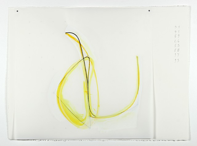 Yellow abstract mixed media drawing by Yvette Kaiser Smith.
