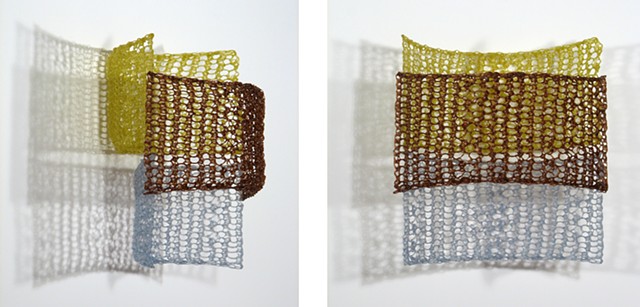 Minimal geometric crocheted fiberglass and polyester resin wall sculpture by Yvette Kaiser Smith