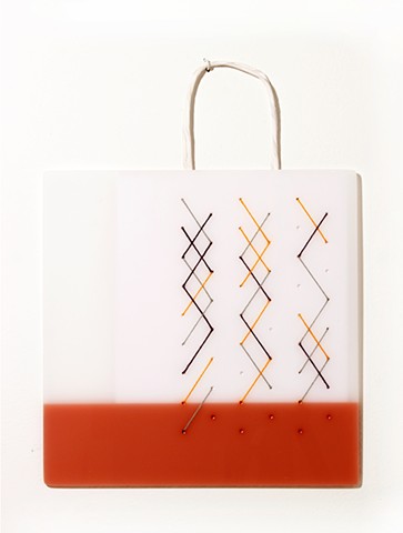 Geometric abstraction, mixed media, cross stitch on acrylic sheet.