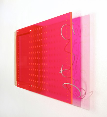 Pink plastic and wood geometric wall-sculpture by Yvette Kaiser Smith