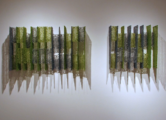 Geometric architectural crocheted fiberglass and polyester resin wall sculpture by Yvette Kaiser Smith