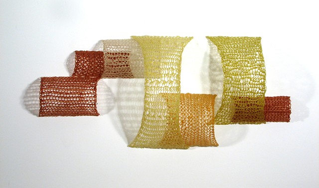 Minimal geometric crocheted fiberglass and polyester resin wall sculpture by Yvette Kaiser Smith