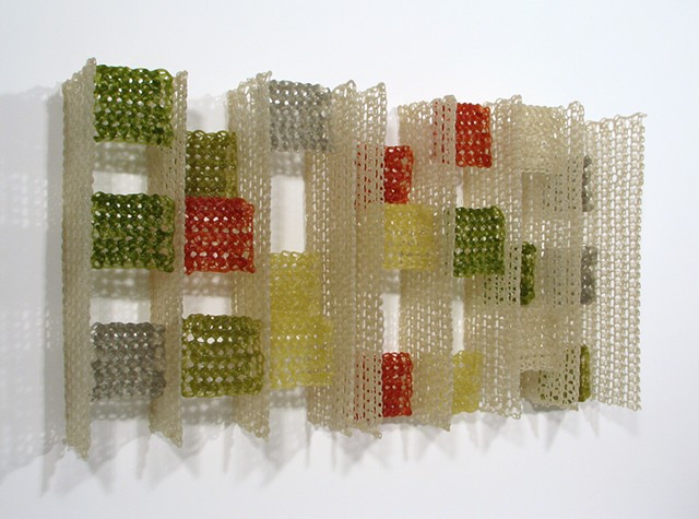Geometric architectural crocheted fiberglass and polyester resin grid wall sculpture by Yvette Kaiser Smith