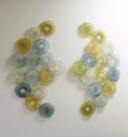 Minimal geometric crocheted fiberglass wall art by Yvette Kaiser Smith