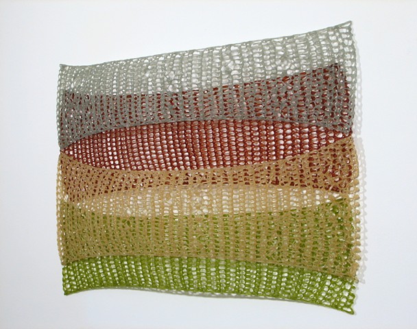 Organic geometric minimal crocheted fiberglass and polyester resin wall sculpture by Yvette Kaiser Smith