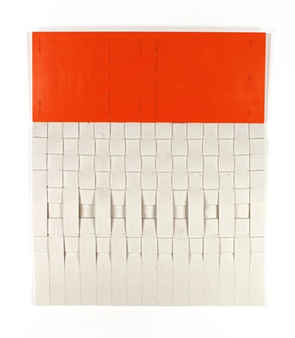 Weaved felt with orange acrylic wall hanging by Yvette Kaiser Smith