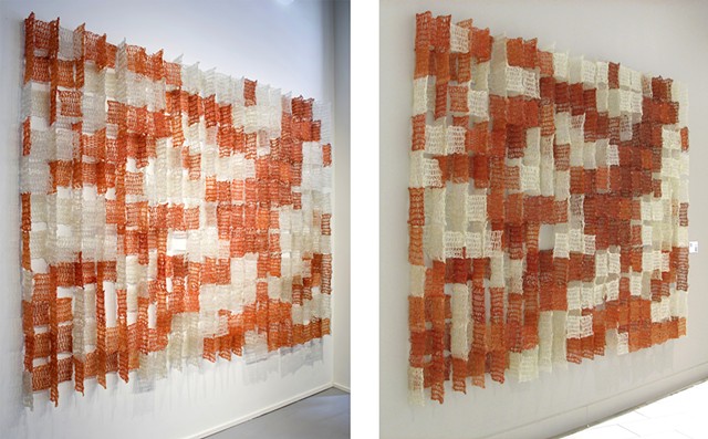 Geometric architectural grid crocheted fiberglass and polyester resin wall sculpture based on the number pi  by Yvette Kaiser Smith