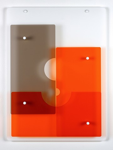 Geometric abstraction in laser-cut acrylic, white, brown, and orange based on pi by Yvette Kaiser Smith