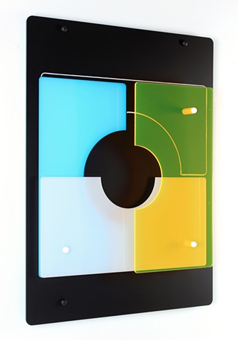 Black, white, yellow and blue laser cut acrylic geometric abstraction based on pi by Yvette Kaiser Smith