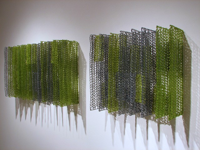 Geometric architectural crocheted fiberglass and polyester resin wall sculpture by Yvette Kaiser Smith