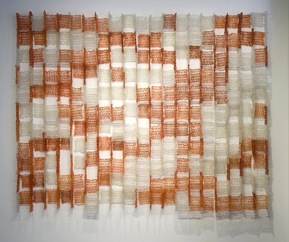 Geometric architectural grid crocheted fiberglass and polyester resin wall sculpture based on the number pi  by Yvette Kaiser Smith