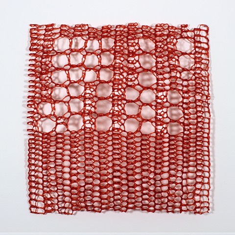 crocheted fiberglass red minimal geometric grid based on e sequence by Yvette Kaiser Smith
