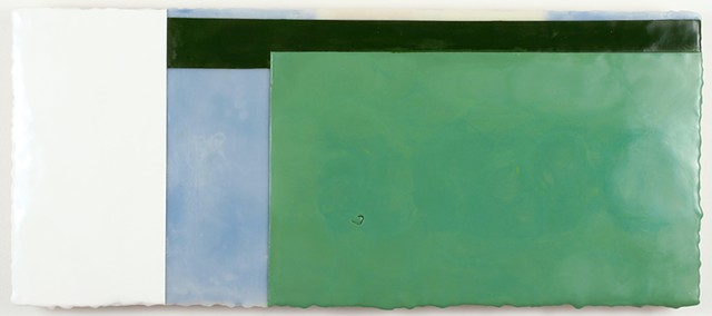 Minimal geometric green white encaustic on panel by Yvette Kaiser Smith