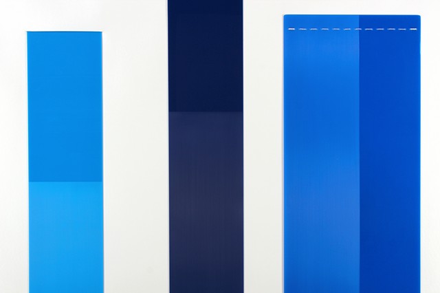 Blue and white geometric abstraction in acrylic and vinyl by Yvette Kaiser Smith