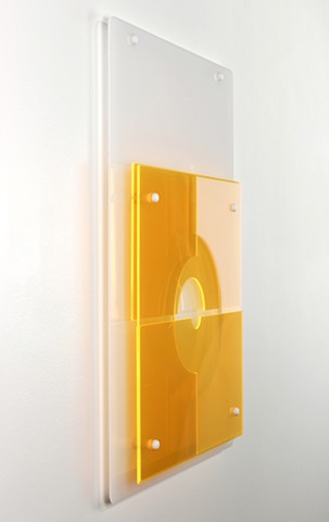Yellow and white geometric abstraction based on number sequence in laser-cut acrylic based on pi by Yvette Kaiser Smith