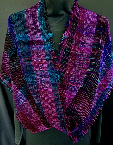 handwoven twisted shawl of rayon chenille, cotton and bamboo. Knotted fringe.