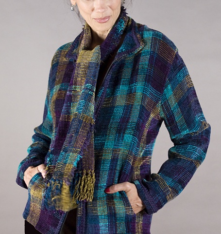 Handwoven jacket of rayon chenille and cotton in blockweave