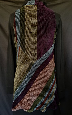 Handwoven long vest of rayon chenille, cotton and bamboo yarns.