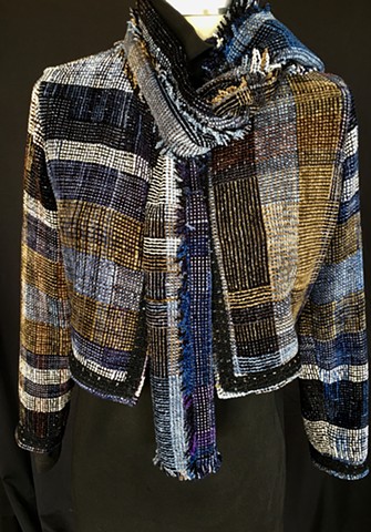 Handwoven bolero jacket and scarf of rayon chenille, cotton and bamboo- can be sold separately