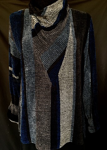 Handwoven cowl pullover of rayon chenille, cotton and bamboo yarns.