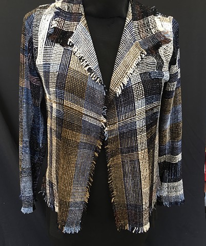 Handwoven fringed jacket of rayon chenille, cotton and bamboo yarns