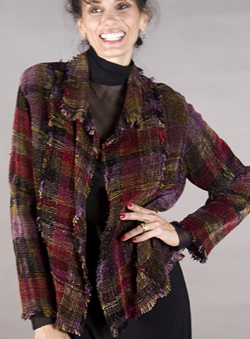 Handwoven jacket of rayon chenille and cotton in blockweave