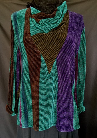 Handwoven cowl pullover of rayon chenille, cotton and bamboo yarns.