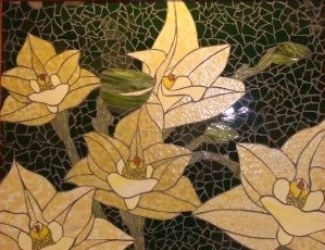 Stained glass mosaic flowers orchids yellow commission beautiful nature natural St. John's Springfield Missouri