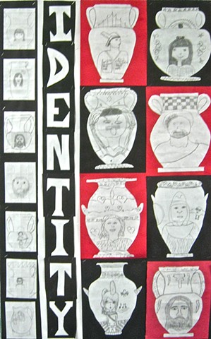 Display of planning drawings for scratch art self-portrait as Greek or Roman god or goddess on Greek shaped vases