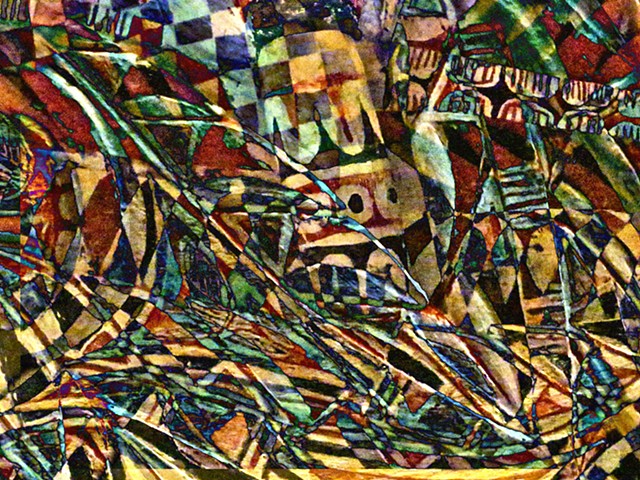 Computer art based off of digital altered photographs of New Ireland sculpture details and other digital altered photographs.